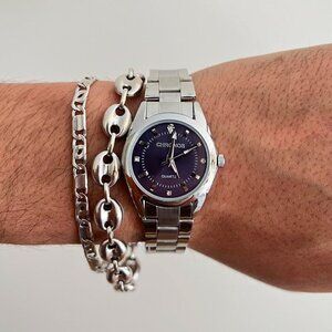 silver classy sporty round stainless steel quartz luxury watch